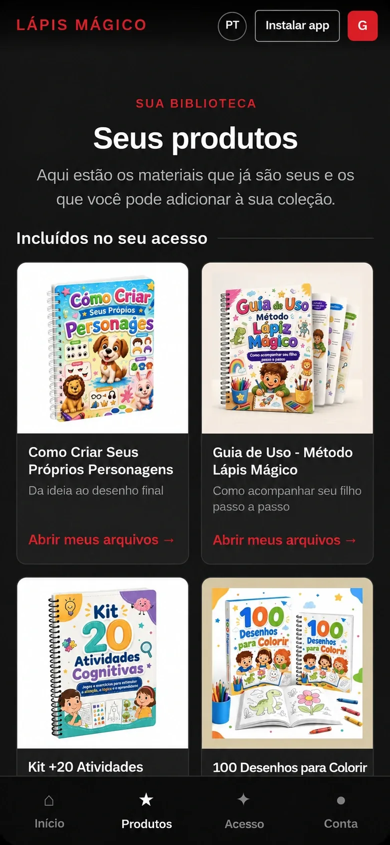 Tela do aplicativo com os cinco bônus desbloqueados