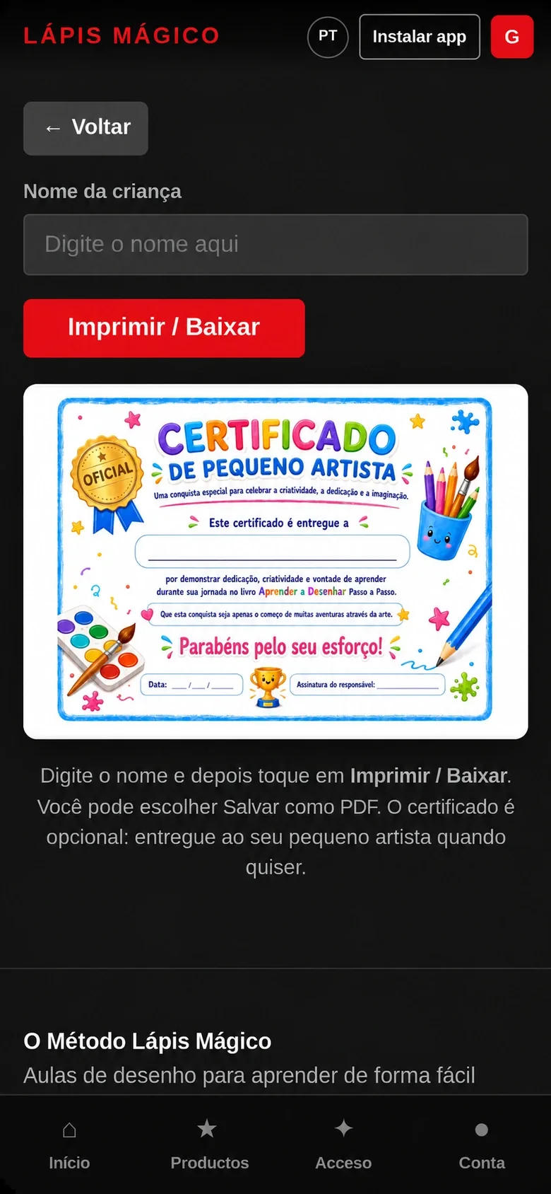 Tela do aplicativo para escrever o nome da criança no certificado