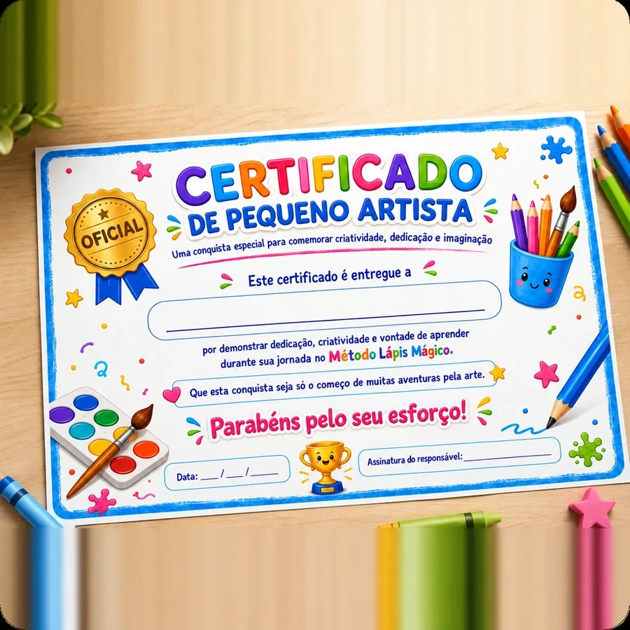 Certificado de Pequeno Artista para preencher com o nome da criança