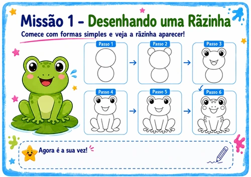 Lição de desenho que vai da forma simples ao desenho completo