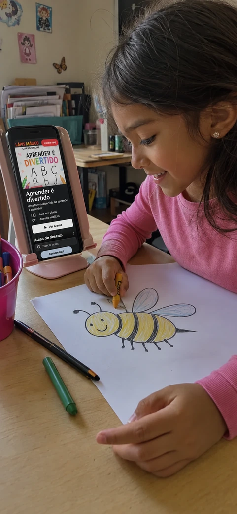 Menina desenhando uma abelha enquanto acompanha a aula no celular