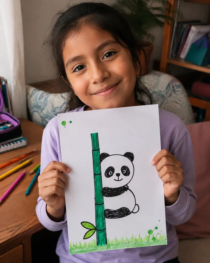 Menina mostrando o panda que acabou de desenhar