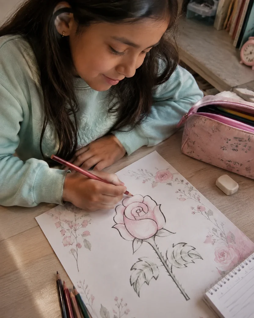 Menina desenhando uma rosa com lápis de cor