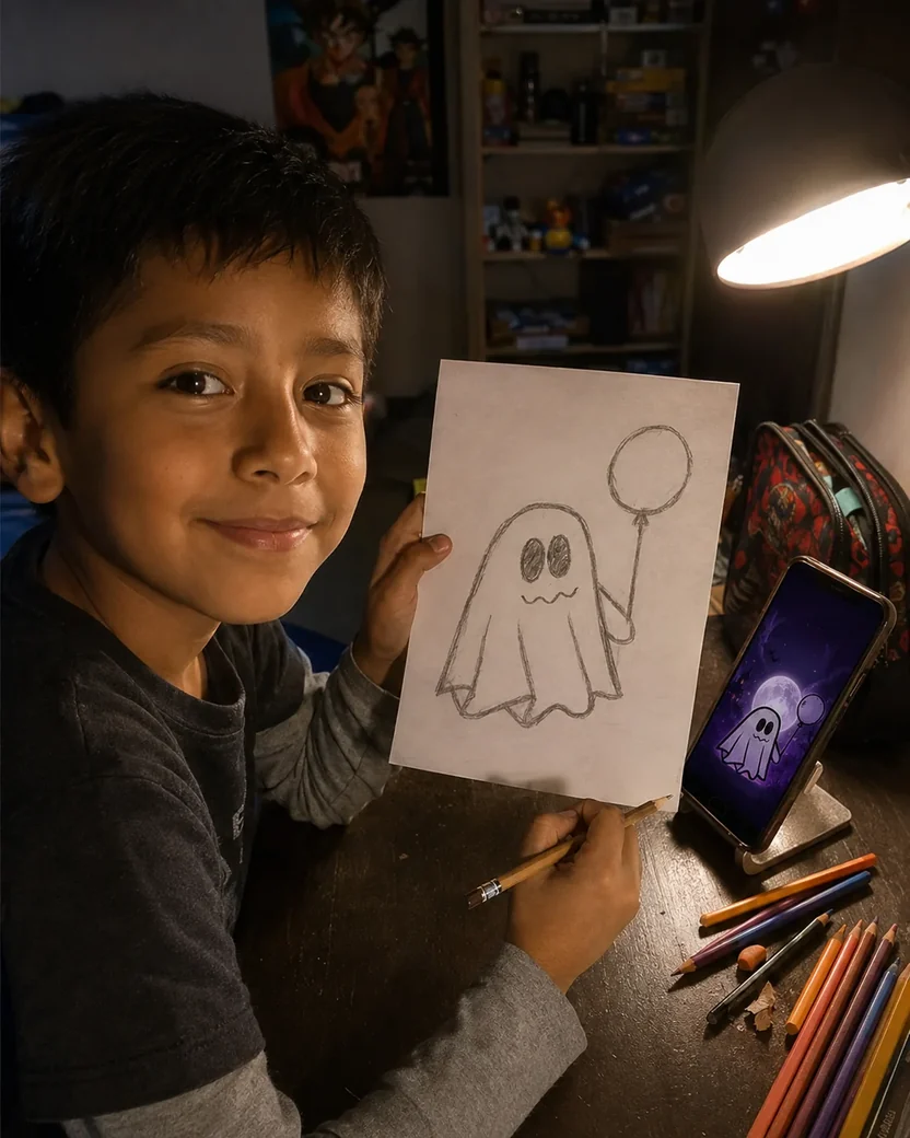 Menino mostrando seu desenho ao lado do celular com a aula